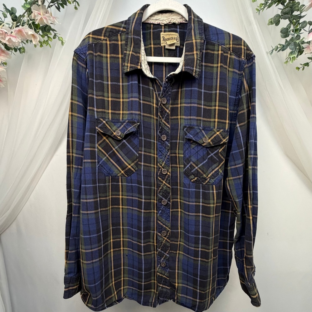 Roebuck & Co Mens XXL Blue Green Plaid Flannel Button Down Shirt Cotton